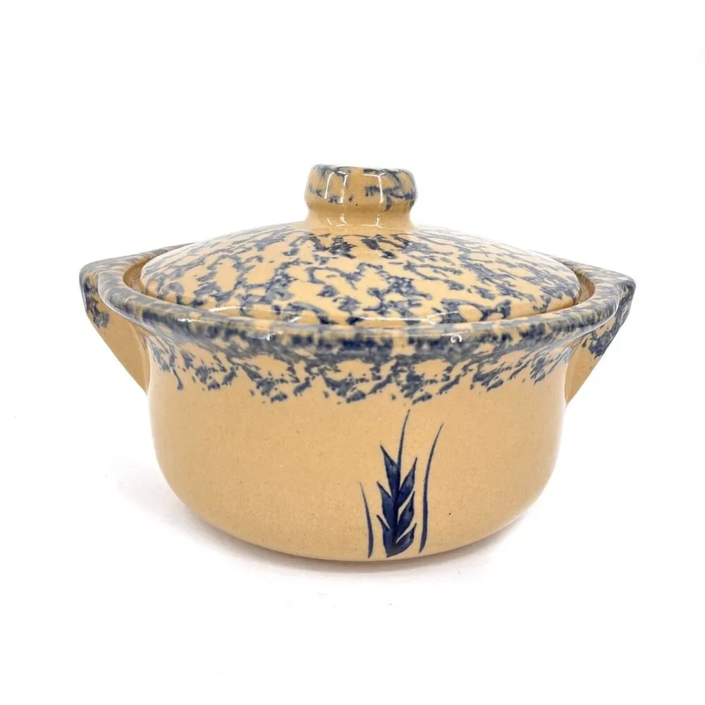 Robinson Ransbottom Roseville Blue Sponge Wheat Bean Pot Casserole Dish Vintage